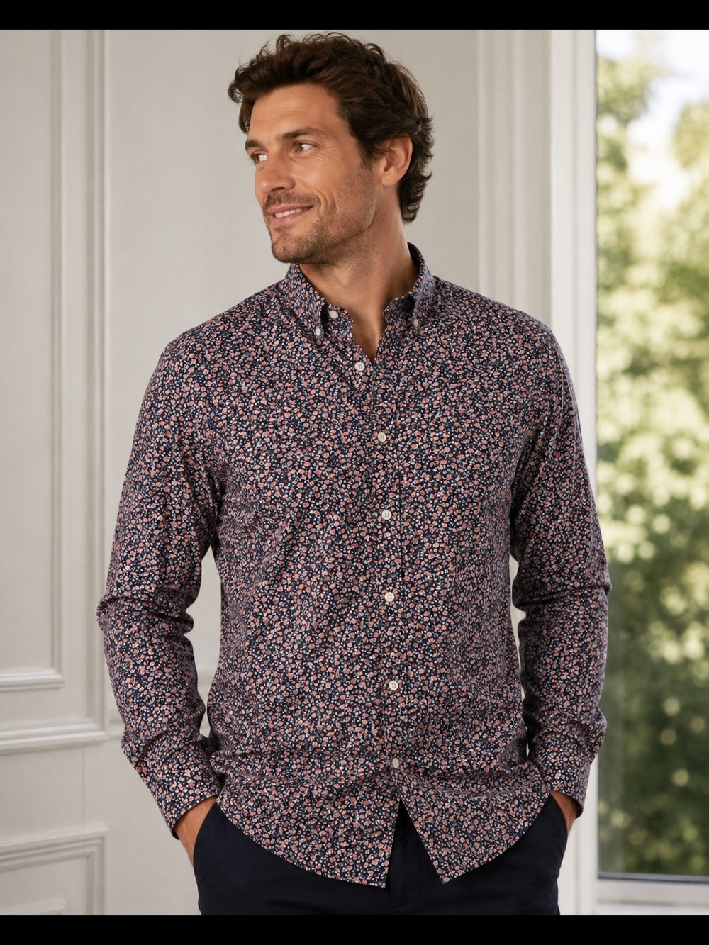J. Crew Flex Casual Navy and Pink Floral Button-Down Shirt Long Sleeves Sz M